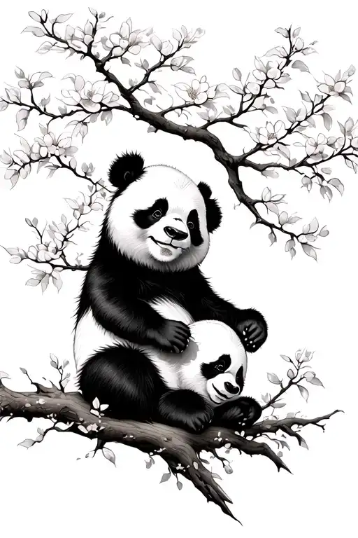 Charry Blossom Tree With A Panda Playing With The Peddles