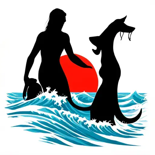 Man Woman And Dog Siluette Watching The Red Sun On A Blue Wave