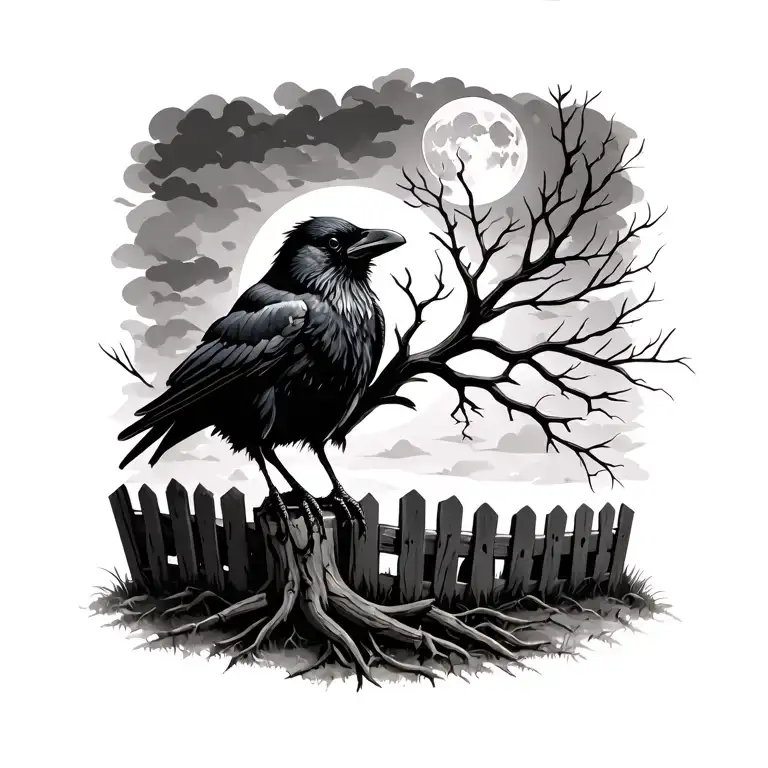 Crow With Graveyard Fence Tree With No Leaves And Moon