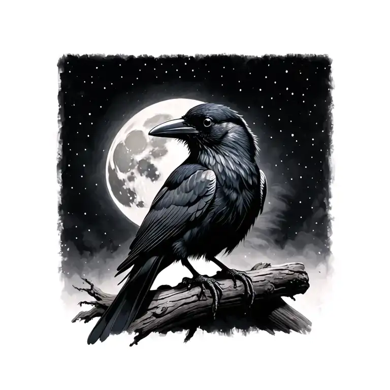 Photorealistic Crow With Moon In Background Black And White
