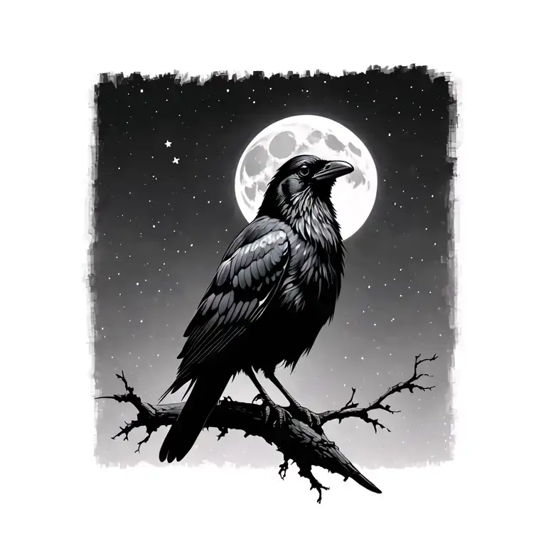 Minimalist Crow With Moon In Background Black And White