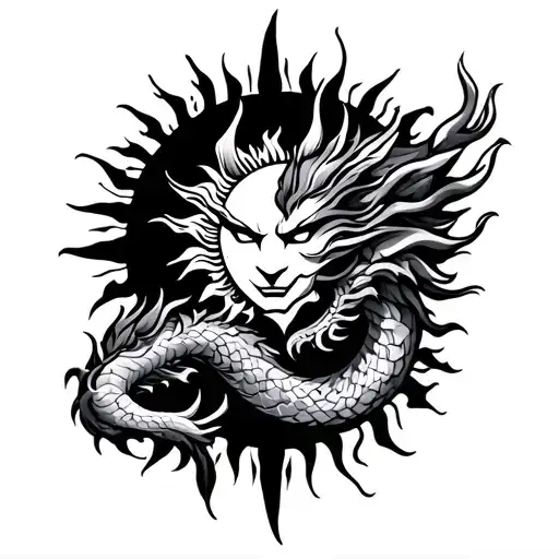 A Tribal Sun On Shoulder With Dragon In Biceps