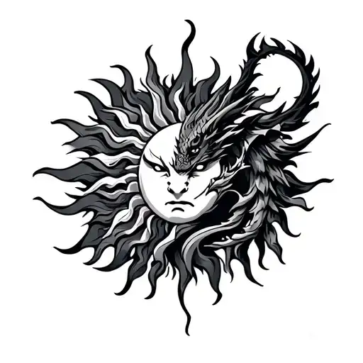 A Tribal Sun On Shoulder With Dragon In Biceps