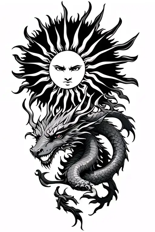 A Tribal Sun On Shoulder With Dragon In Biceps