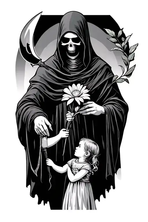 Grim Reaper Holding A Sickle Accepting A Flower From A Little Girl