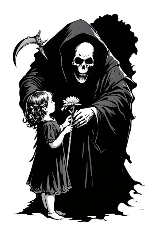 Grim Reaper Wispy Robe Holding A Sickle Side Profile Accepting A Flower From A Little Girl