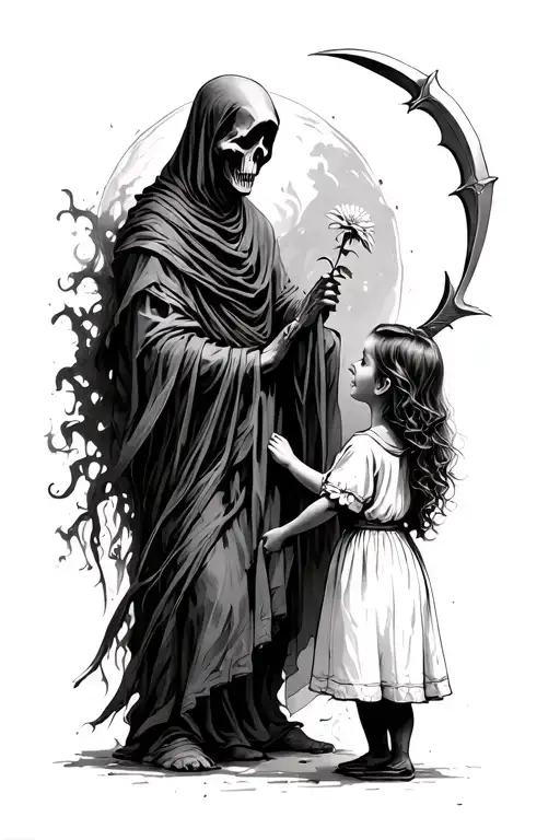 Grim Reaper Wispy Robe Holding A Sickle Side Profile Accepting A Flower From A Little Girl