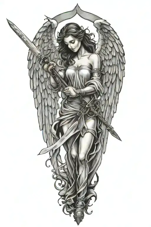 Girl Angel Holding Sword Downwards