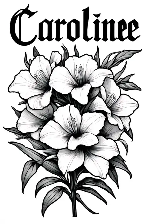 Lettering Tattoo That Says Caroline With Gladiolus Flowers Behind That Name