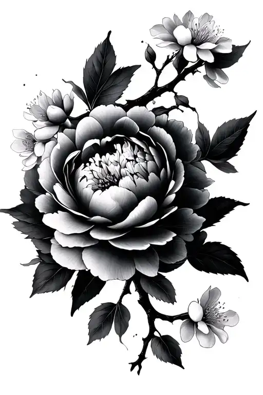 Peonies And Sakura Branch Intertwined