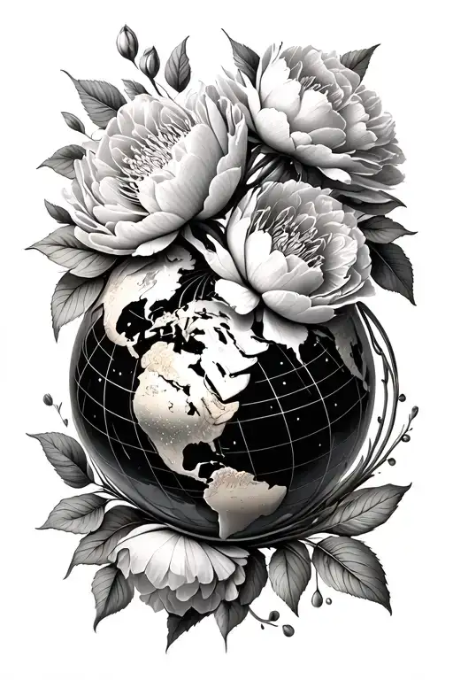 Earth Globe Sketch With Peonies Blooming