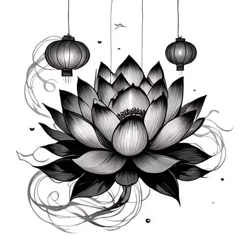 Lotus Flower And Tangled Lanterns Flying In The Sky
