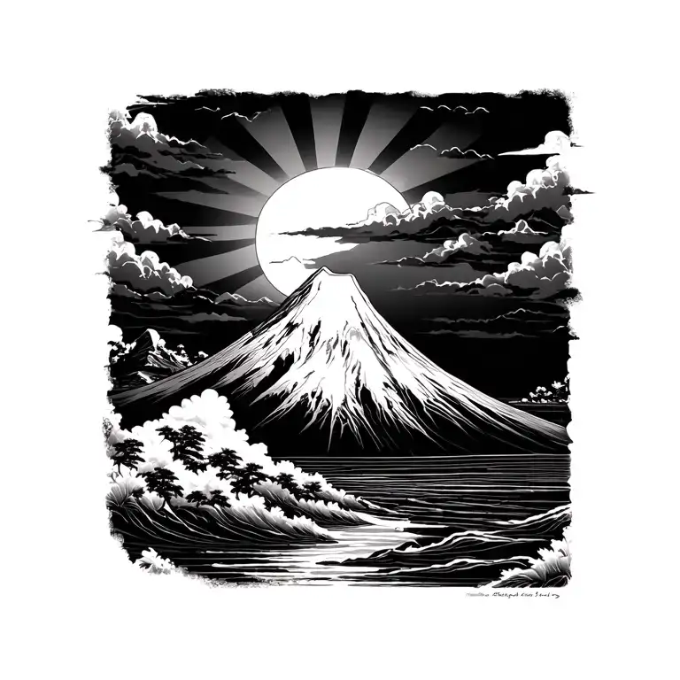 Mont Fuji And Sun Avec Ondes Japonaise