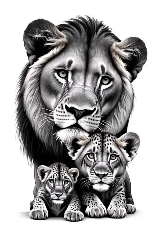 Mother Lion With A Male Cub And Female Cub Faces