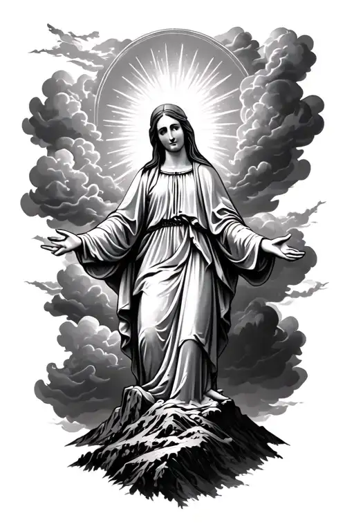 The Virgin Mary With Clouds Surrounding Her And A Mountain