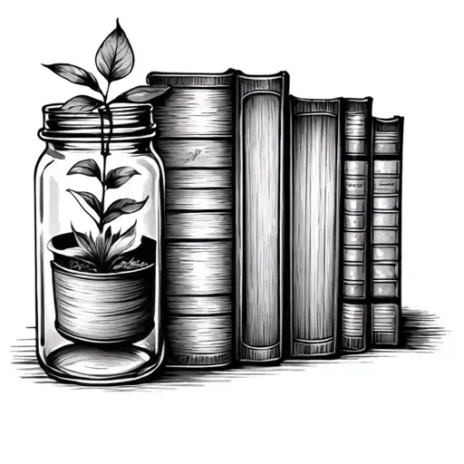 Old Books In A Row Vertical With A Glass Jar With Plant Inside