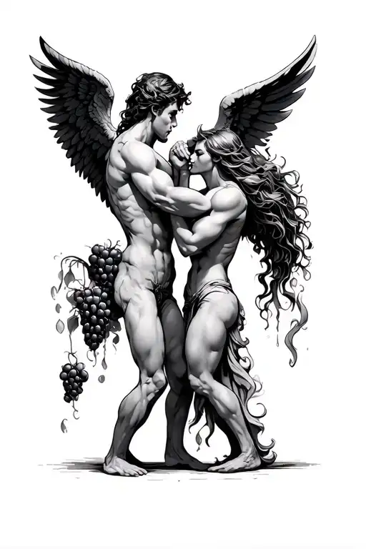 Back Pice Angel And Demon Arm Wrestling They Both Have Wings That Grape Down The Arms