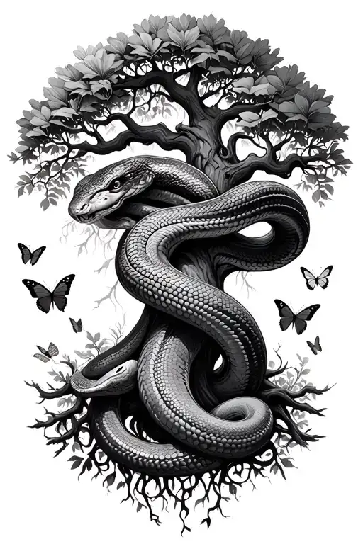 Tree Of Life With Snakes Wrapped Around The Trunk And Butterflies Flying