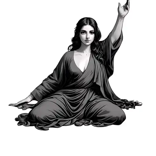 Women In Robe On Knees Reaching Up With One Arm