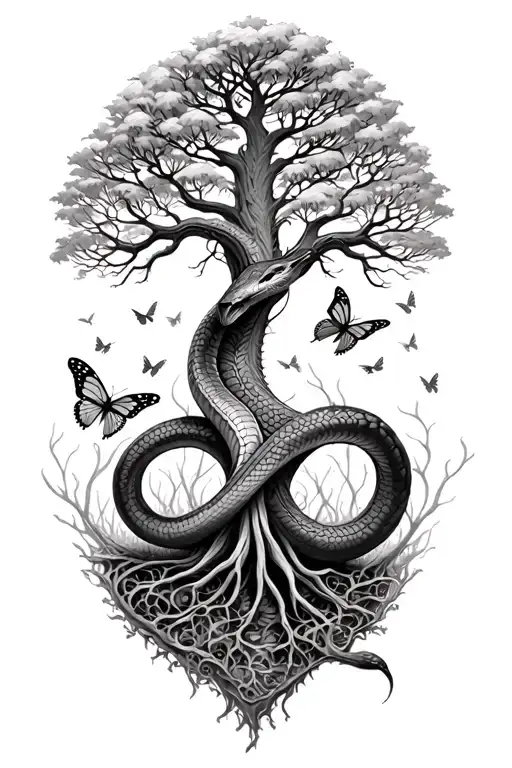 Tree Of Life With A Snake Around The Trunk And Butterflies Flying