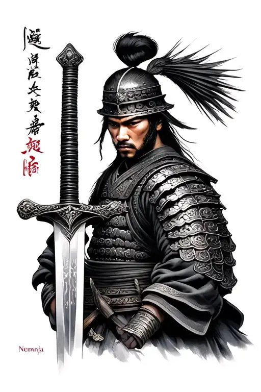 Samurai On Left Sifr And Sword And On Sword Name Nemanja Written