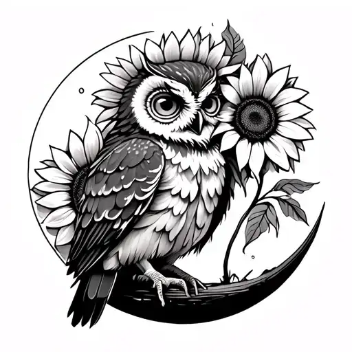 Owl On Moon With Sunflowers Wrapped