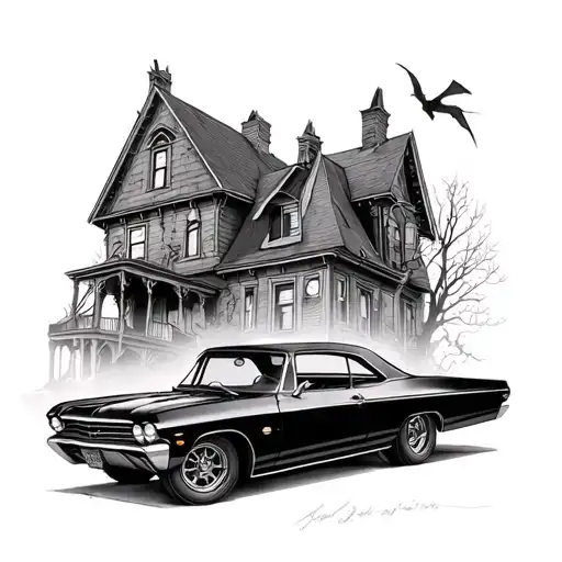 67 Impala In Front Of Haunted House