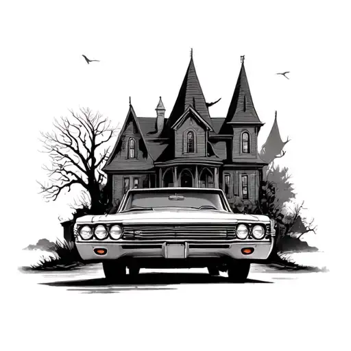 67 Impala In Front Of Haunted House