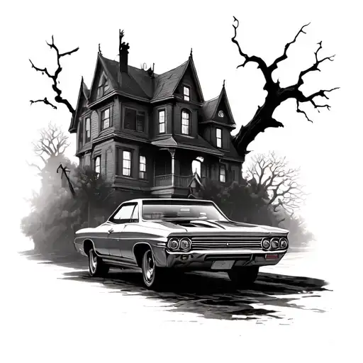67 Impala In Front Of Haunted House