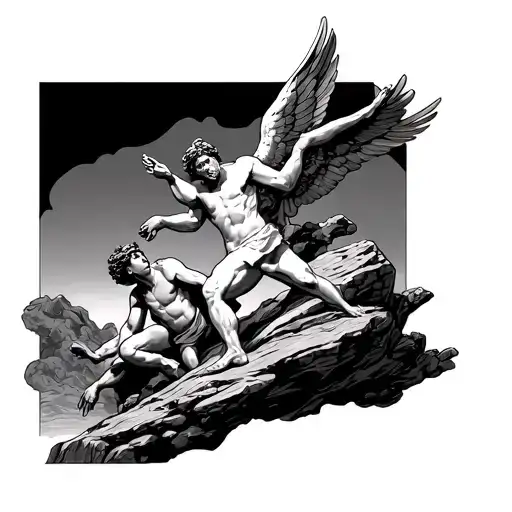 In This Image Add Falling Icarus And Sisyphus Pushing A Rock
