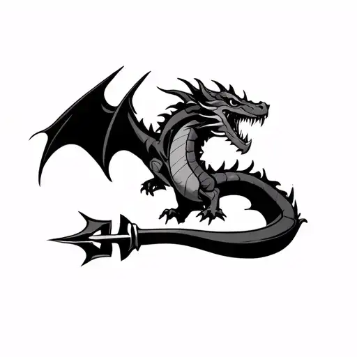Dragon On The Shoulder With A Black Armband Underneath With A Trident On The Wrist