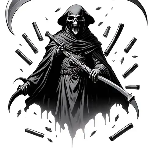 Reaper With Scythe Hovering With Four 556 Casings Scattered Under