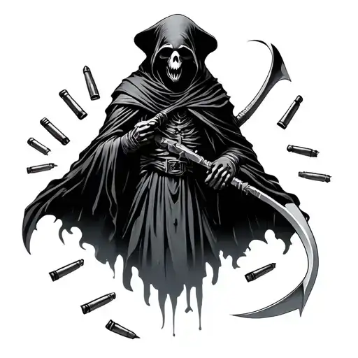 Reaper With Scythe Hovering With Four 556 Casings Scattered Under