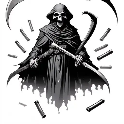 Reaper With Scythe Hovering With Four 556 Casings Scattered Under Him