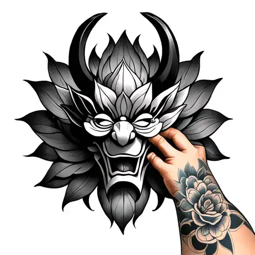 Dark Oni Mask With Lotus Flower Arm