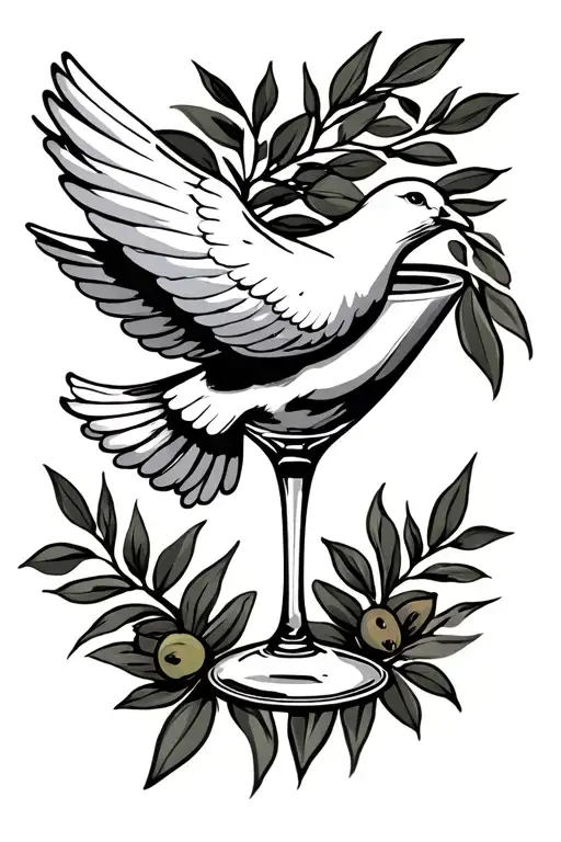 Dove With An Olive Branch Flying Above Martini Glass