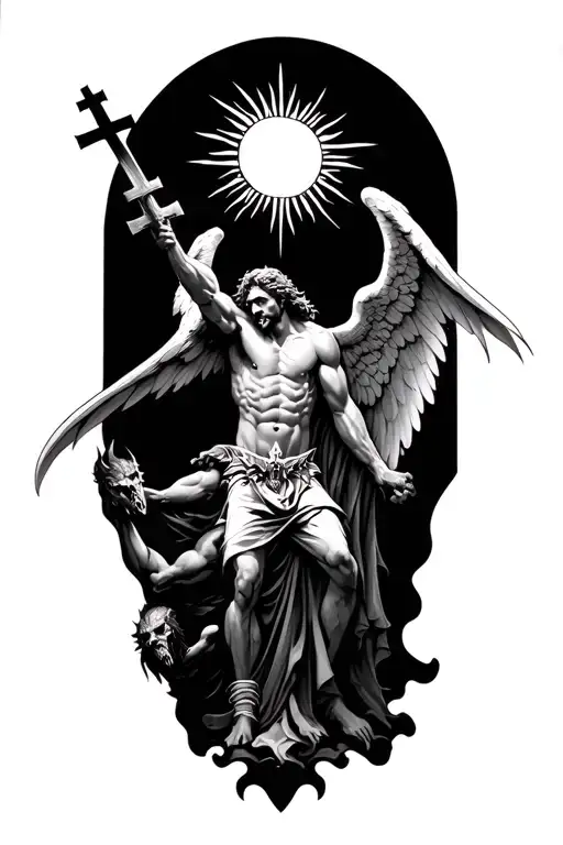 Arch Angel Micheal Slaying Demon With Sun And 3 Crosses Behind Him
