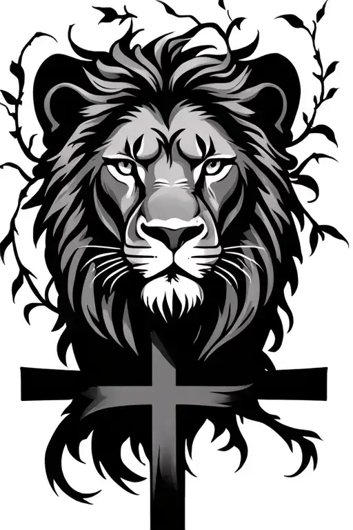 Simple Black And White Lions Face With Vines Surrounding It And A Cross Underneath