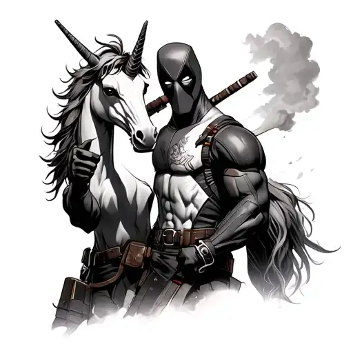 Deadpool Holding Unicorn With Middle Finger