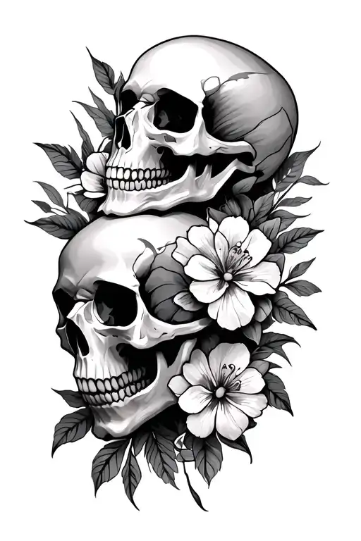 Skull Torso And Skull With Flowers On Side