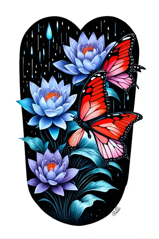 Red Butterflies With Blue And Purple Lotus Flowers And Rain Tattoo On Arm