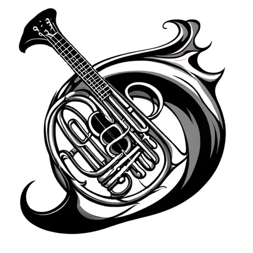 Maori Tribal Tatoo Of French Horn And Classical Guitar