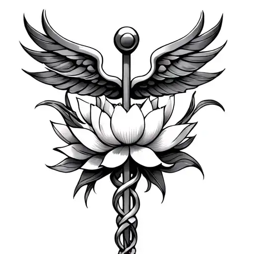 Caduceus Symbol With Lotus Flowers