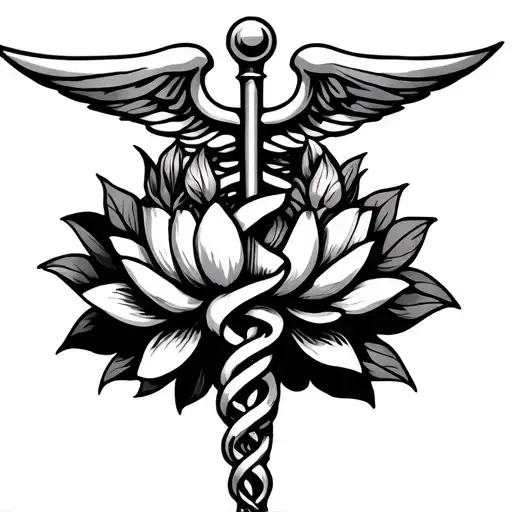 Caduceus Symbol With Lotus Flowers Blooming Around Symbol Like Full Sleeve