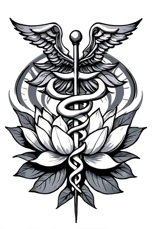 Caduceus Symbol With Lotus Flower Surrounded