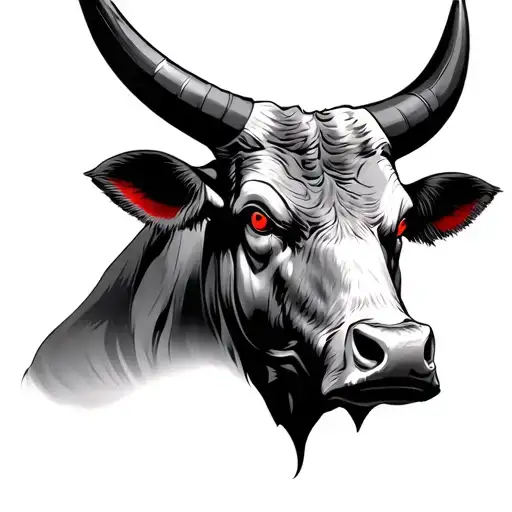 A Realistic Bull Head From The Front With Red Eyes And An Aggressive Look