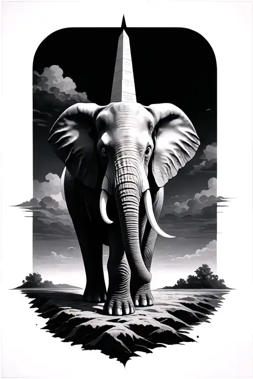 Elephant In Style Of Salvador Dali With A Surreal Obelisk On Its Back