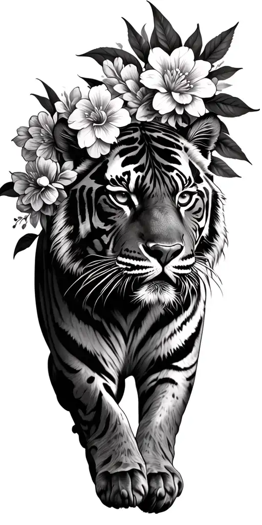Serious Tiger Surrounded By Flowers