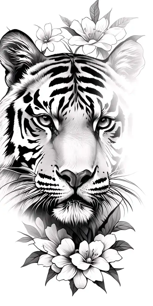 Serious Tiger Face Surrounded By Flowers