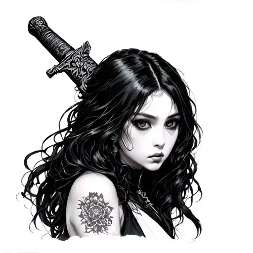 Japanese Woman Holding A Sword Half Undead Girl Looking